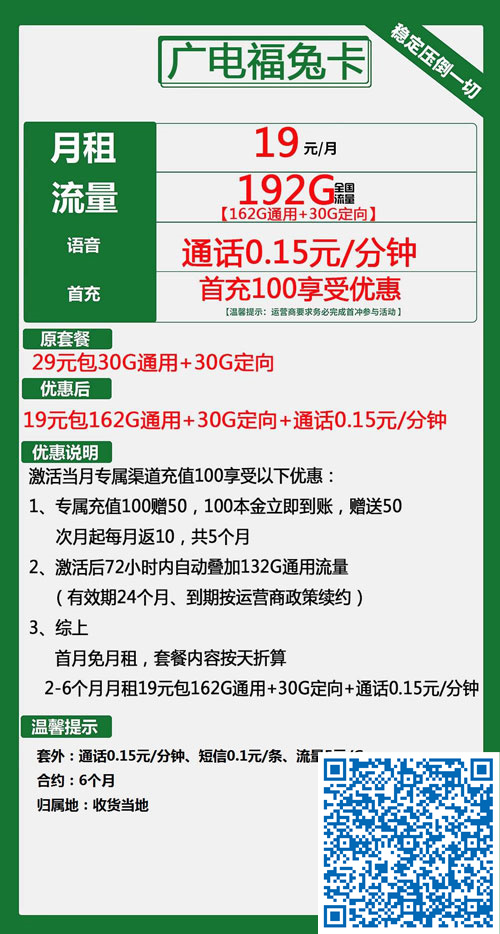 广电福兔卡19元月包162G通用流量+30G定向流量+通话0.15元/分钟